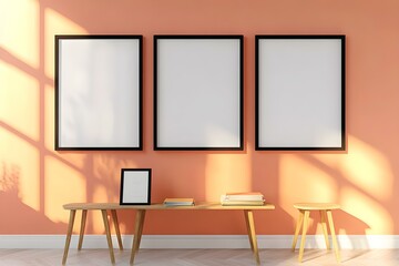 Three Horizontal Poster Frames Mockup in Modern Room Interior Design