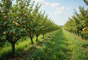 Scenic Orchard with Rows of Fruit Trees Under Blue Sky