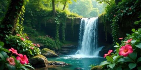 Naklejka premium vines and creepers entwining a lush waterfall amidst a jungle, overgrown, flowers