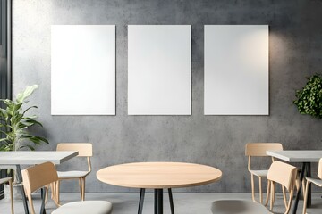 Three Posters on Concrete Wall in Modern Cafe Interior