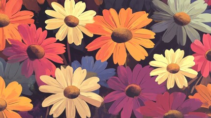 Flat art painterly style background illustration of retro style daisies in various colors