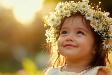 Fototapeta premium Happy caucasian infant girl with black hair wearing white flower circlet on her head. Happy holiday season conceptual art. Golden hour in sunset. Sunny outdoor happiness for kids.
