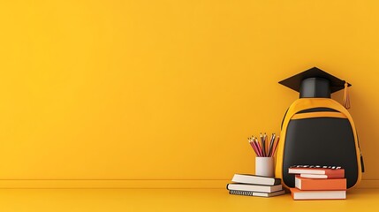 3D Render: Graduation Backpack and Supplies Against Vibrant Yellow Wall AI Generated