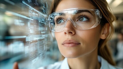 Focused woman in protective eyewear, examining projected code on a large screen