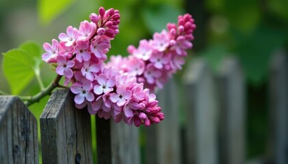 Fototapeta premium Vintage lilac blooms on a worn wooden fence post, flowers, branches, lilac