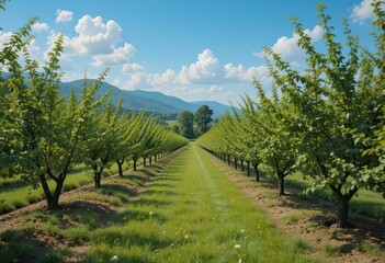 Fototapeta premium Lush Green Vineyard Rows Under Bright Blue Sky with Soft Clouds