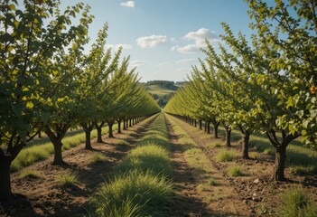 Obraz premium Serene Orchard Rows Under Blue Sky with Lush Green Grass