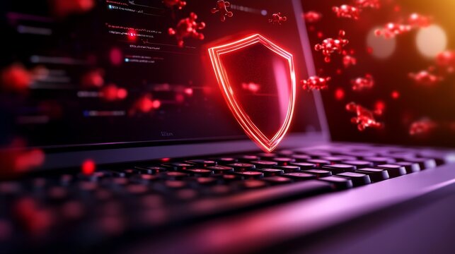 Digital security concept with a glowing shield overlay on a laptop keyboard amidst data flow