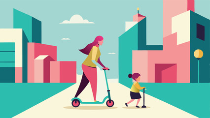 Fototapeta premium Happy Mother's Day! Mom and Child Scooter Adventure: A cheerful, contemporary flat illustration perfect for cards, social media, websites, and more. Celebrate motherhood with this 