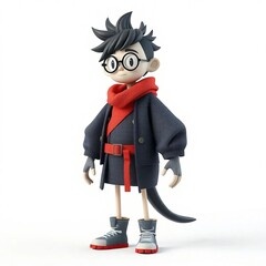 A fashionable cartoon character with spiky hair and glasses, wearing a dark outfit with red accents and a tail, exuding confidence and creativity.