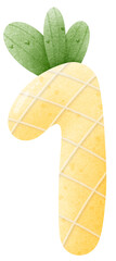 Watercolor Doodle illustration of  pineapple number 1, number hand drawn for kids, school worksheet 