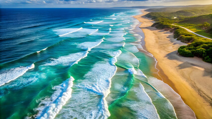 Fototapeta premium Stunning Aerial View of Ocean Waves Rolling Onto a Golden Beach