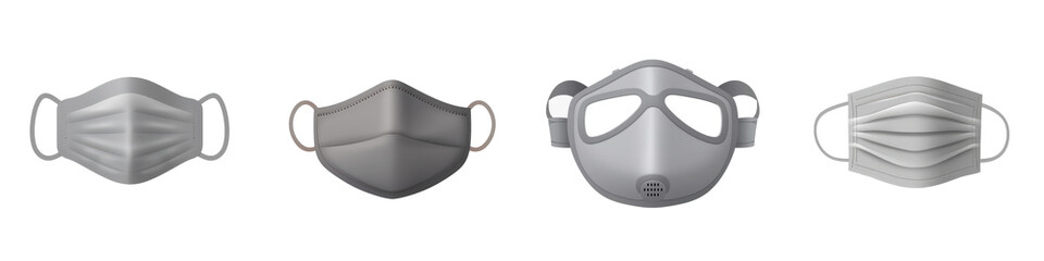 Four various face masks, isolated on a white background, illustrate protection from air pollution and contagions isolated on white or transparent