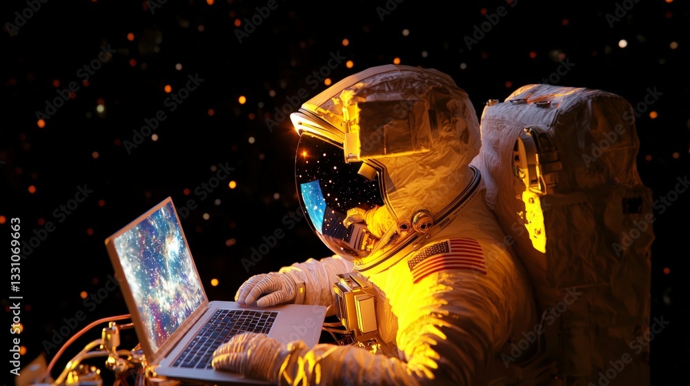 Poster astronaut using laptop in space cosmic background high resolution image