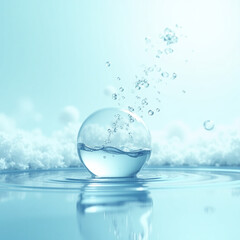 Liquid Bubble Containing Molecules – Floating on Light Blue Water Background, Ideal for Skincare and Cosmetic Essence crystal ball in water