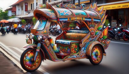 Vibrant Indonesian becak parked on a bustling street, traditional three-wheeled transport