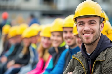Smiling new warehouse employees attending workplace safety training conducted by supervisor, teamwork, regulations, and preventive measures for maintaining safe efficient industrial environment.