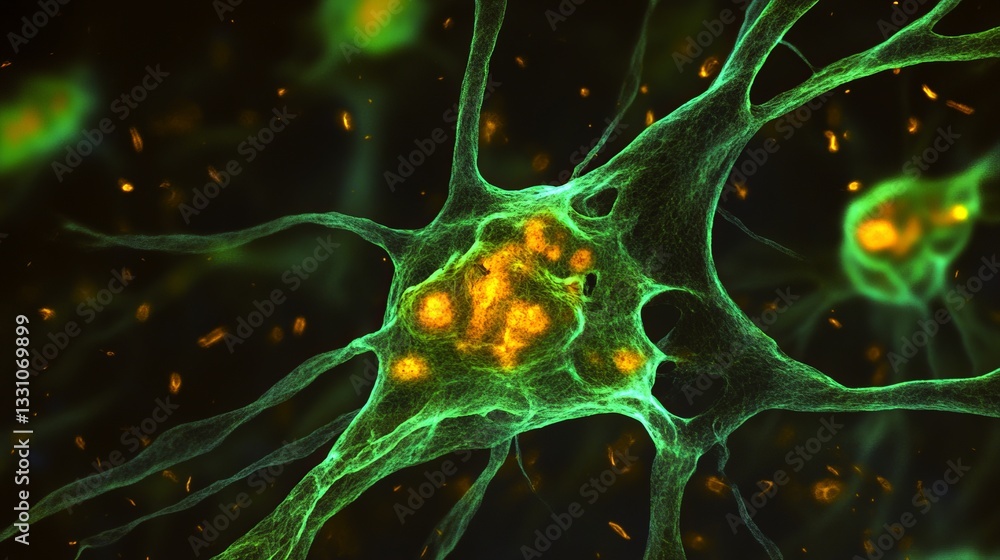 Poster neural network connection. intricate green neuron cell structure for science or medical visuals.