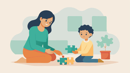 Happy Mother's Day! A heartwarming flat illustration of a loving mother and her child joyfully collaborating on a playful puzzle together, creating a beautiful and lasting memory. 
