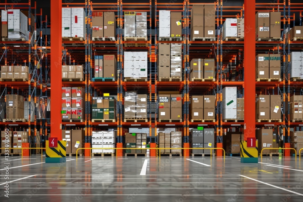 Poster fully stocked warehouse with multiple levels of storage racks and an organized inventory system. mod