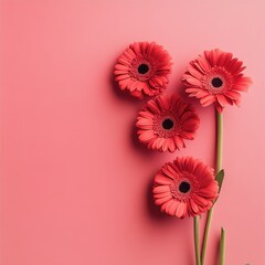 Arrangement of four vibrant coral gerbera daisies on a pink background