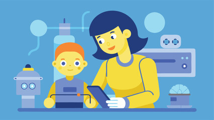 Obraz premium Futuristic Mother's Day: A Mom and Child's Joyful Robot Adventure. Celebrate modern motherhood with this vibrant, flat-style illustration featuring a loving mother and child 