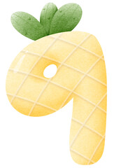 Watercolor Doodle illustration of  pineapple number 9, number hand drawn for kids, school worksheet 