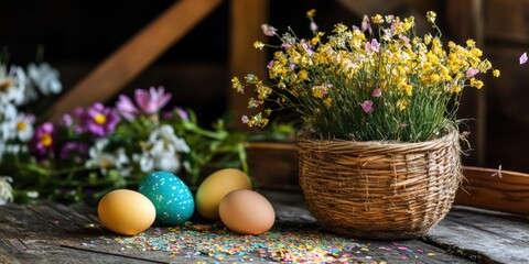 Three colorful eggs sit beside a vibrant basket of flowers on a festive table.