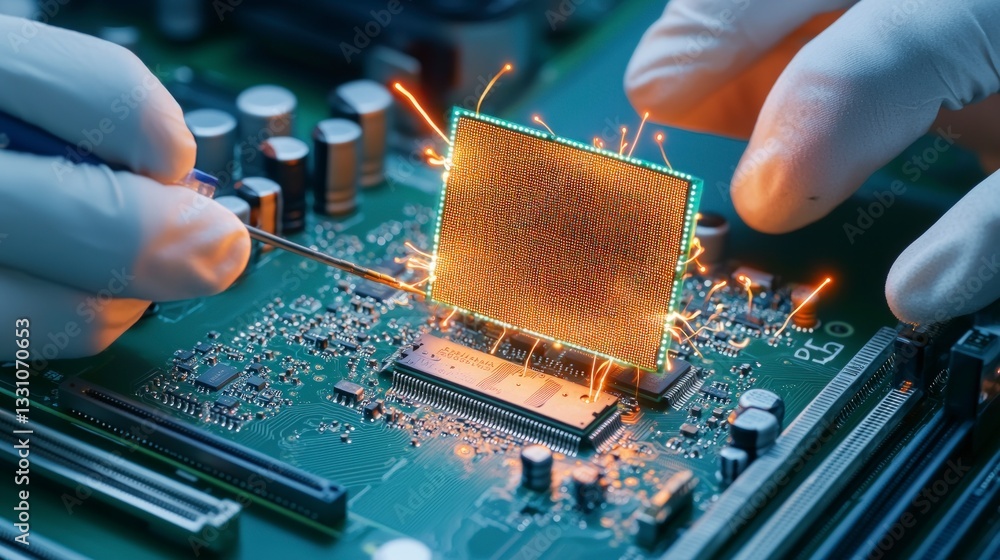 Poster high tech microchip installation precision soldering electronics manufacturing circuit