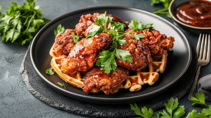 Waffle deep fried chicken delight. Delicious chicken and waffles garnished with herbs on a black plate.