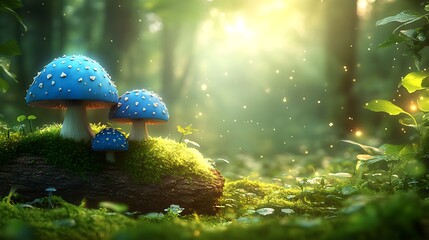 Blue mushrooms on mossy log in sunlit forest.