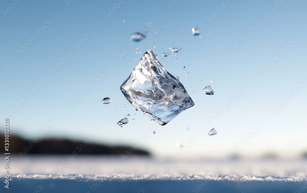 Poster ice cube splashing on snowy surface with water droplets