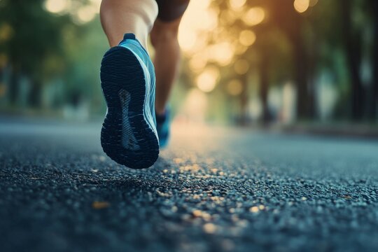 A runner moves gracefully along a quiet road surrounded by trees, enjoying the tranquility of the early morning light and fresh air Generative AI