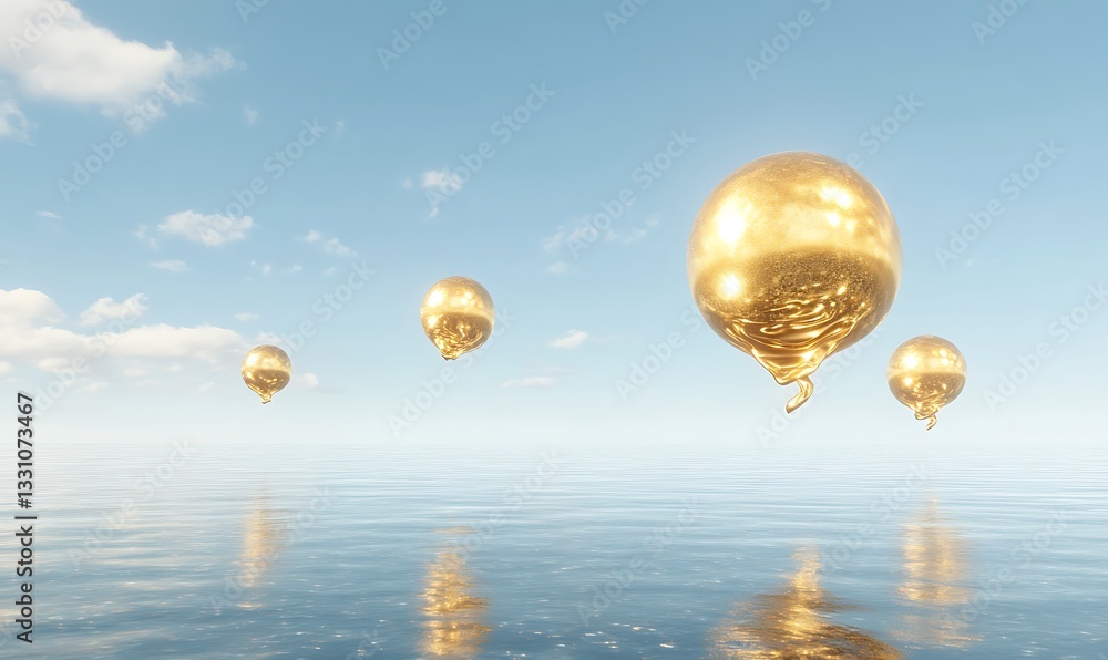 Aufkleber Floating golden spheres above a tranquil ocean under a clear sky with soft clouds.