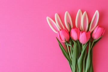 Pink tulips bloom vibrantly against a soft pink backdrop, celebrating Easter's beauty and renewal.