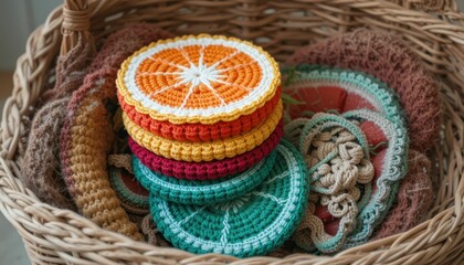 Colorful Crochet Coasters in a Woven Basket Arrangement
