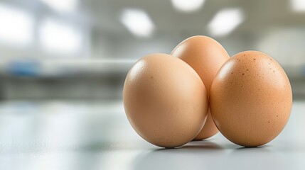 Close-up of three fresh eggs arranged on smooth surface in brightly lit lab environment, showcasing simplicity of form and focus on biological education and nutritional study within a science lab...