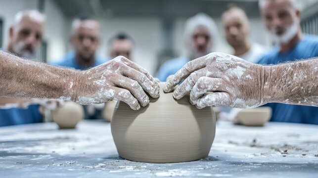 Prison Inmates Pottery Class  Hands Shaping Clay  Rehabilitation Therapy