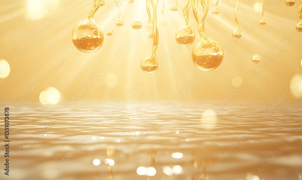 Aufkleber golden spheres suspended above a shimmering water surface, illuminated by soft rays of light.