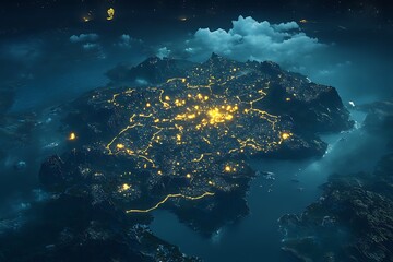 Illuminated city island at night, aerial view with clouds and starry sky, for concept
