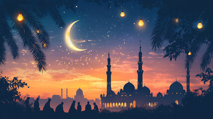 A peaceful Ramadan night with a crescent moon, glowing lanterns, and a mosque. People gather for iftar, sharing joy and blessings
