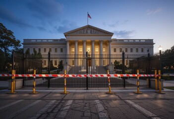 Obraz premium Barriers in Front of Historical Government Building at Dusk