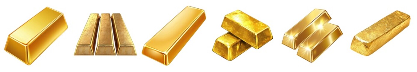 Golden bars and ingots isolated on transparency background, showcasing shiny and luxurious appearance