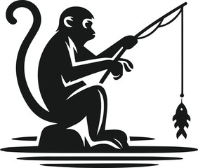 Black vector of a monkey fishing with a stick animal silhouette