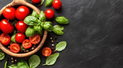 Red Tomatoes and Fresh Basil in Wooden Bowl on Dark Background