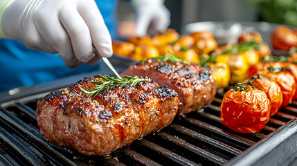 Grilling juicy meat and colorful vegetables at a summer barbecue outdoor setting culinary art close-up perspective flavor exploration