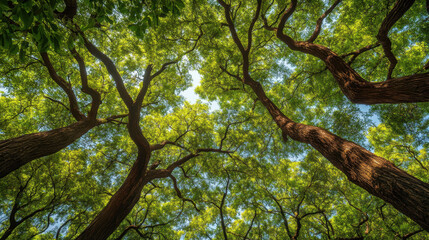 Fototapeta premium Lush Green Tree Canopy with Sunlight Filtering Through Leaves
