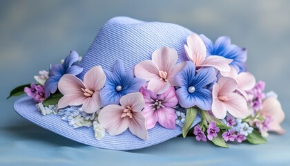 A blue hat adorned with flowers rests on a blue surface, celebrating springtime and Easter vibes.
