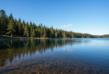 Tranquil Lake Surrounded by Pine Forest Under Clear Blue Sky