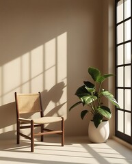 Minimalist interior with wooden chair and potted plant in warm sunlight, casting soft shadows on a neutral-toned wall, creating a serene and natural atmosphere

